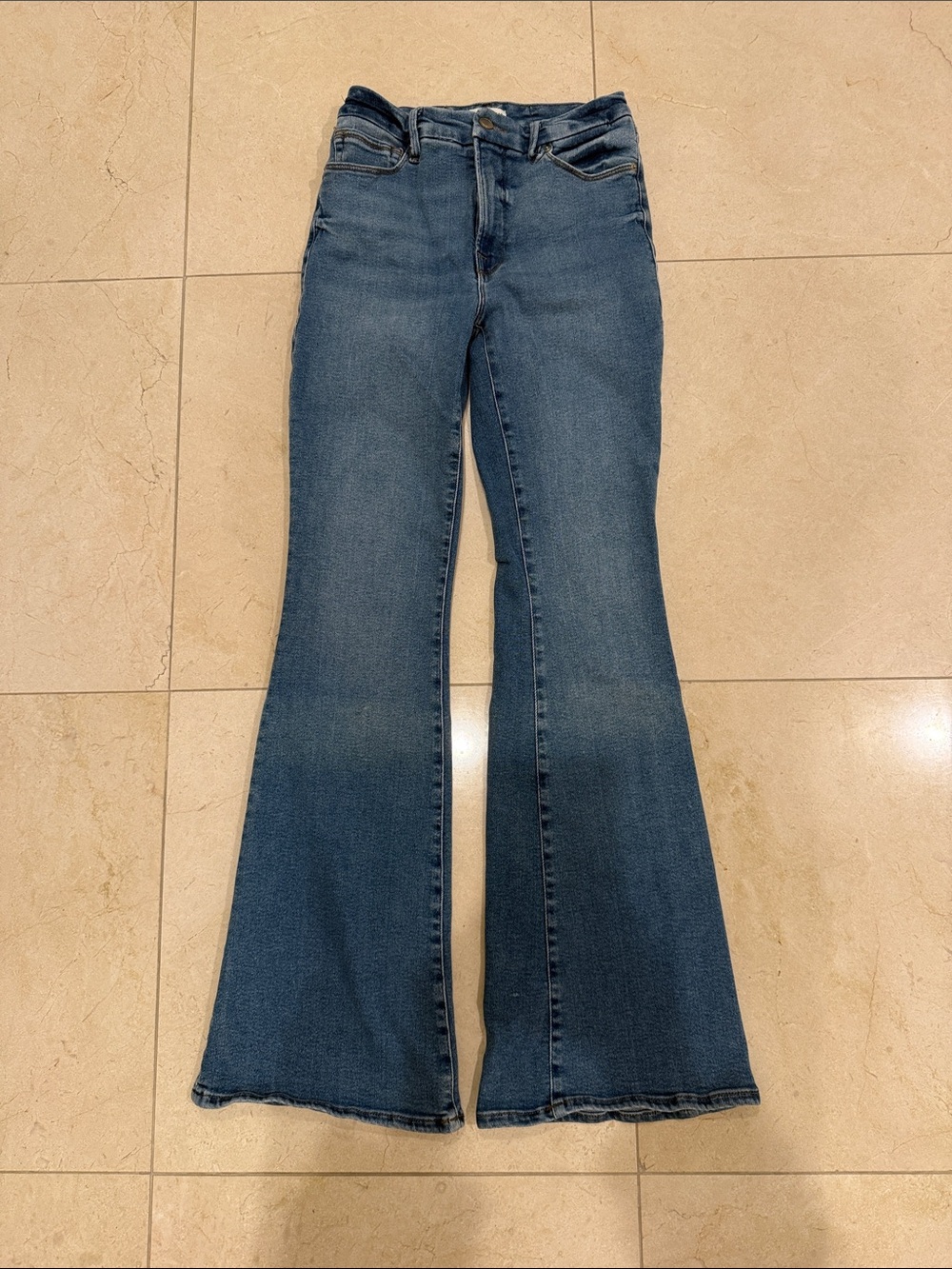 Good American Medium Blue High-Rise Flare Jeans